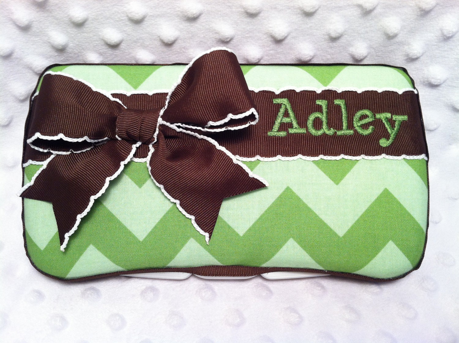 Custom Tonal Green Chevron with Brown Bow & Name Embroidered Boutique Diaper Baby Wipes Case