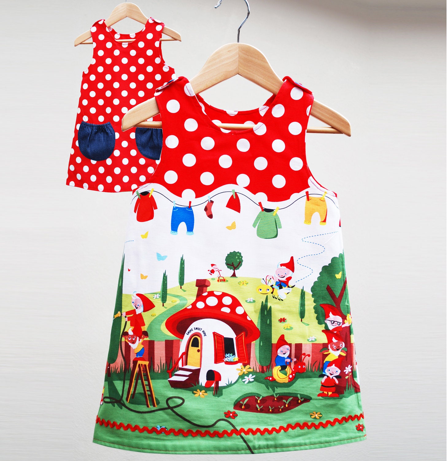 Girls gnomeville dress ,reversible A line pinafore,party dress,toddler,baby,size 1y,2y,3y