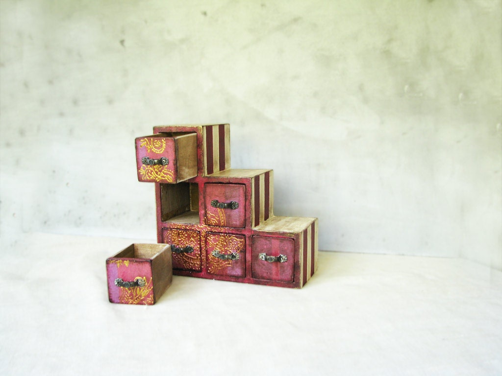 Spring Nectarine  Oriental style six drawers organizer for jewelry, supplies, tea, coffee and etc. Striped, vintage look