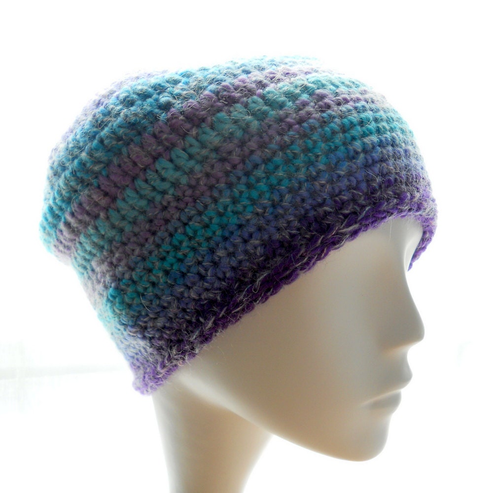 Wool crochet hat, women's muffin-top beanie hat, blues and purple beanie, fall fashion, winter fashion, extra small and small hat
