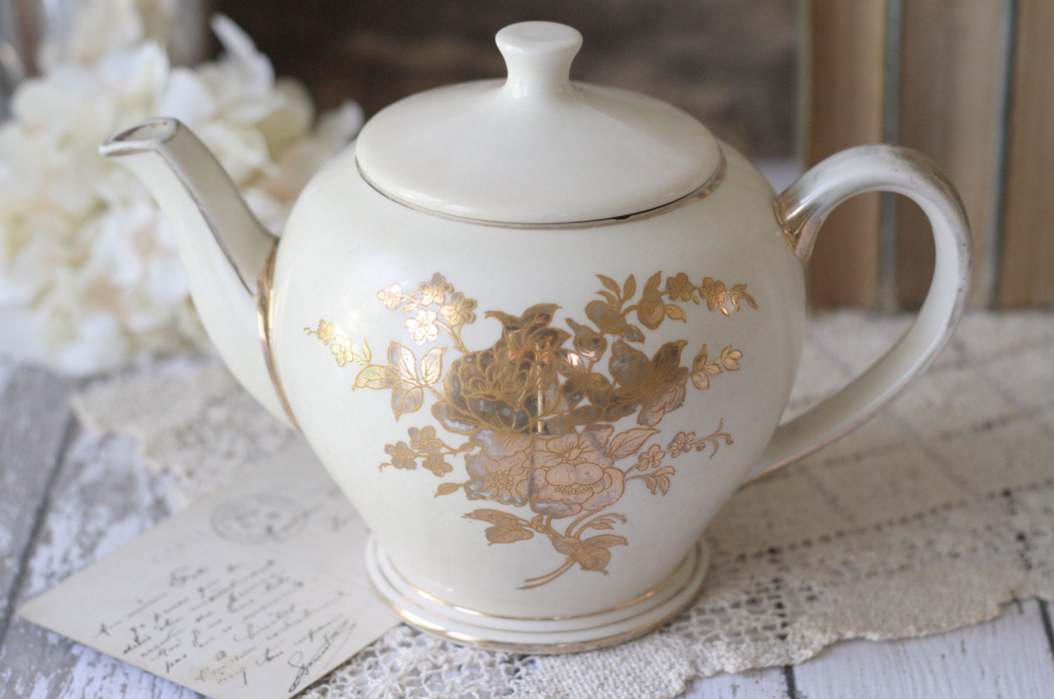Vintage English Earthenware Shabby Gold and White Floral Teapot by James Sadler & Sons England - circa 1940's