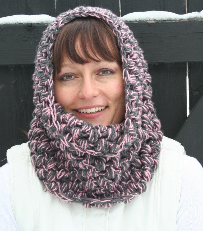 Crochet Pink And Grey Bobble Puff Textured Cowl Neckwarmer By JennisCrochet