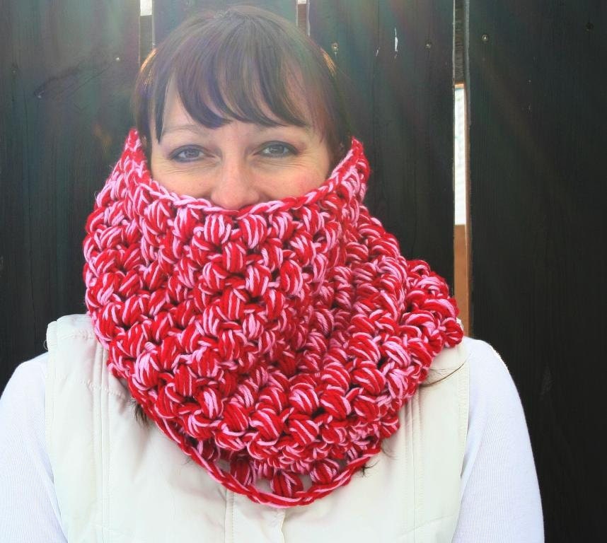 Crochet Pink And Red Bobble Puff Textured Cowl Neckwarmer By JennisCrochet