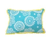 Cushion cover Messy Posey design. White design on aqua Linen with yellow mini pompom trim 40cmx30cm