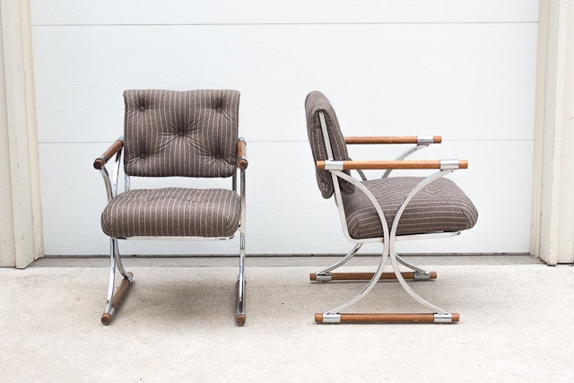 SALE Pair of Vintage Mid Century Herringbone Pinstripe Chrome and Wood Dowel Chairs