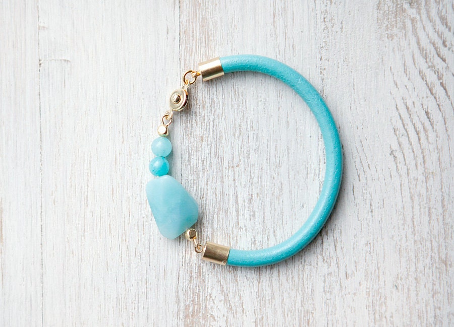Light Blue Amazonite Beads on Light blue Leather Cord Bracelet by pardes israel