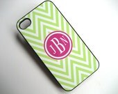 iphone case Lime Green and White Chevron iPhone 4 Case with Hot Pink Monogram  - iPhone 4 4S Cover - Hard BLACK Plastic Case