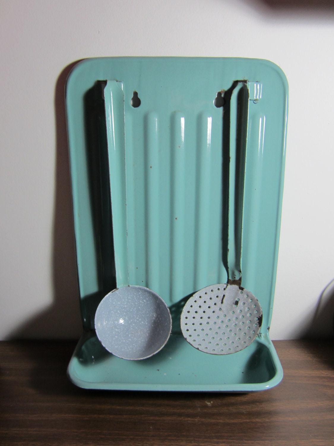 Vintage French Enamel Drip Tray Utensil Rack