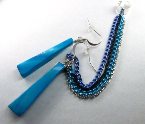 Ear Cuff, Chain, and Blue Shell Earrings