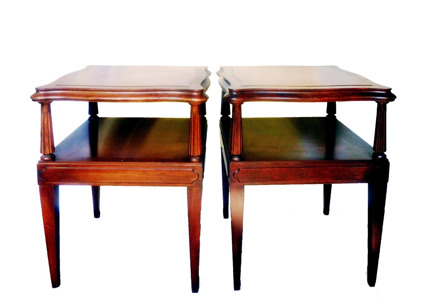 Pair Vintage CHERRY Wood END TABLES w/ Tooled by Greentiques