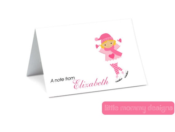 Personalized Stationery Set, Kids, Winter Skating, Christmas, Stationery for Girls, Note Cards (Set of 12)