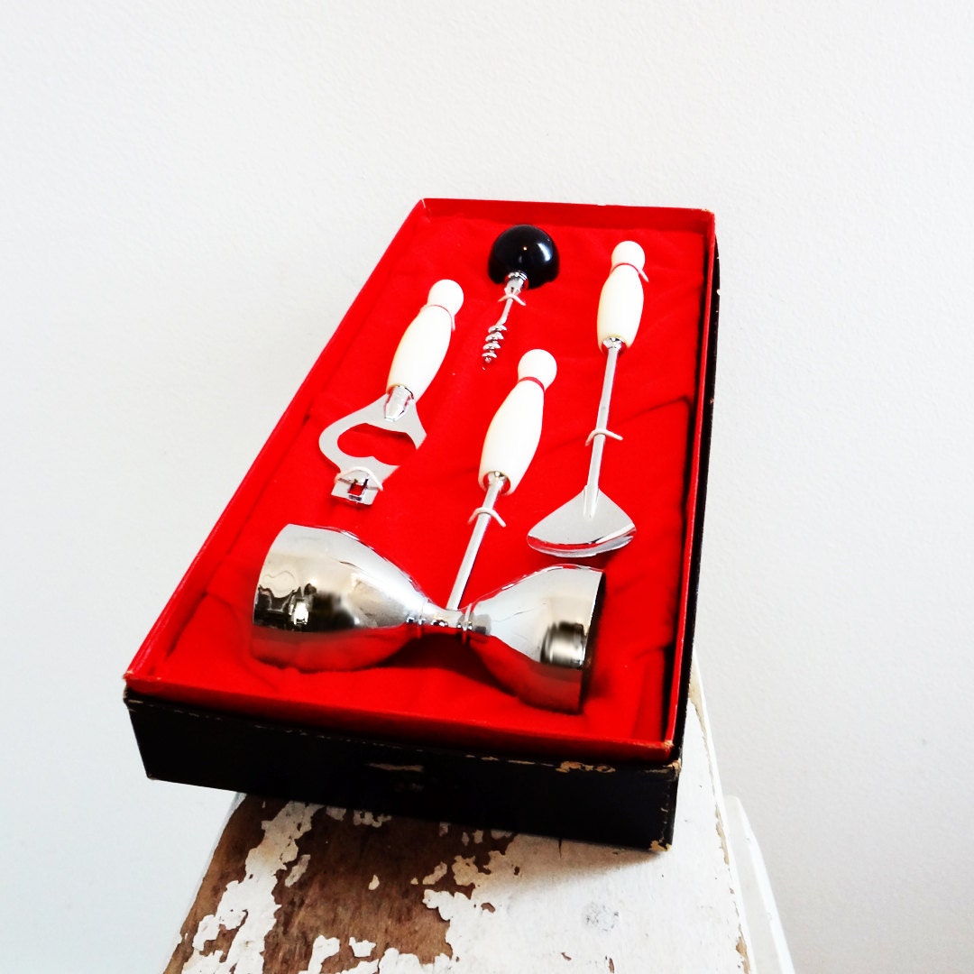 Vintage Cocktail Host Set, Bowling Pins and Ball, Japan