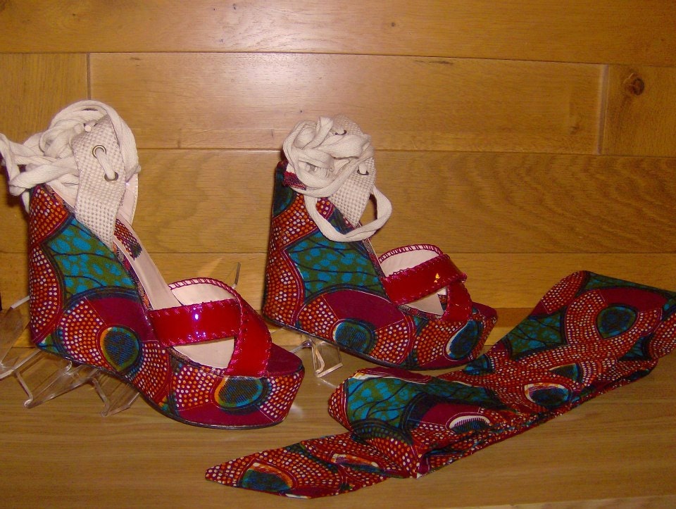 African Wax Print Fabric Covered Wedges with - Handmade AfroChic Collections