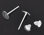 50, 8 mm Silver Plated Earring Posts with Silicon Backs