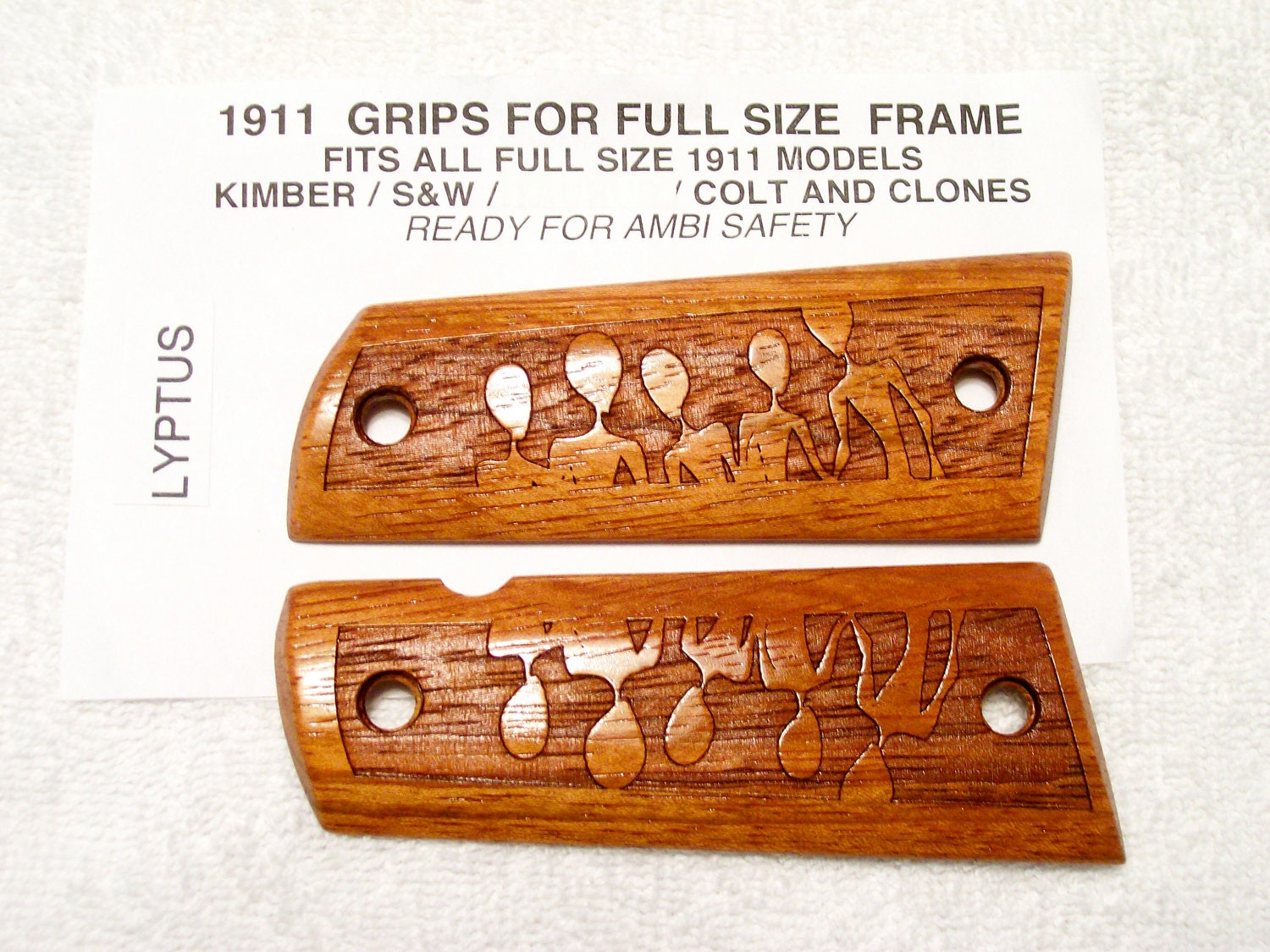 Custom Made 1911 Gun Grip- Lyptus Wood with Alien design