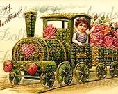 Four Leaf Clover Love Train Pulling Roses Antique Postcard Digital Image Download No. 3534 Buy 3 Images and Get 2 Free