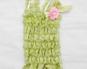 Sage Green Lace Newborn, Toddler, Girl Baby Petti Romper Photo Prop With Hair Shabby Flower Clip