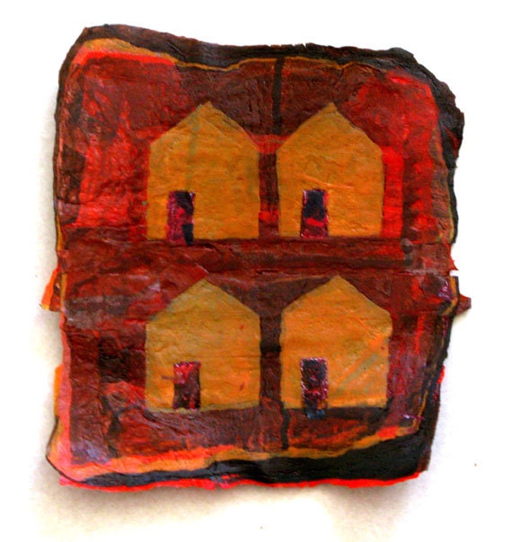 Houses on the Hill III Original Fine Art made from Recycled Plastic Bags