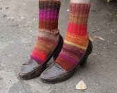 Hand knitted women wool Socks colorful stripes autumn fashion red brown Noro