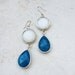 summer fashion long DUAL forest white stone and navy blue drop earrings textured matte silver frame gemstone earrings Israel