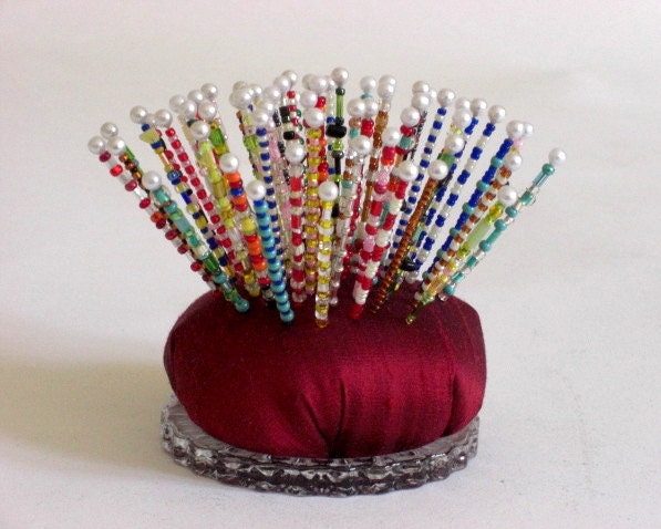 Pincushion, Sea Urchin, Dark Red Silk, Art Object, Over the Top, Pinsies, Beaded Pins, Gift for Quilter, Gift for Artist
