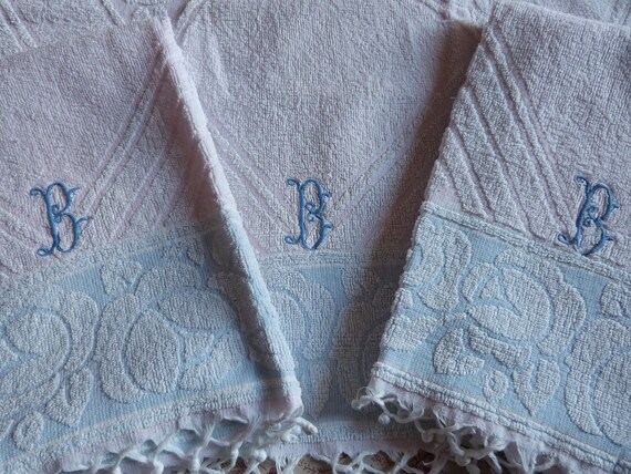 3 Vintage French terry bath towels hand monogrammed B, Art Deco bathroom towels hand towel w design of roses, fringes
