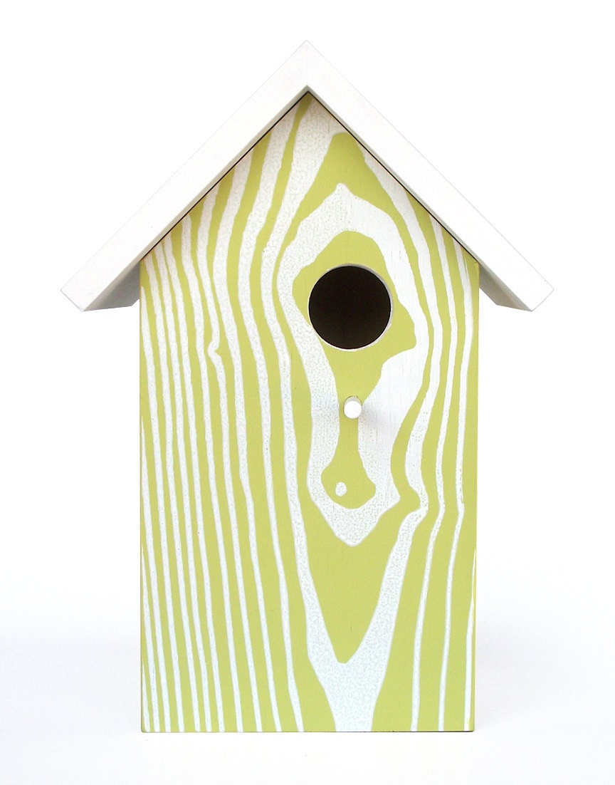 Modern Faux Wood Grain Birdhouse - Nest Box - Green White