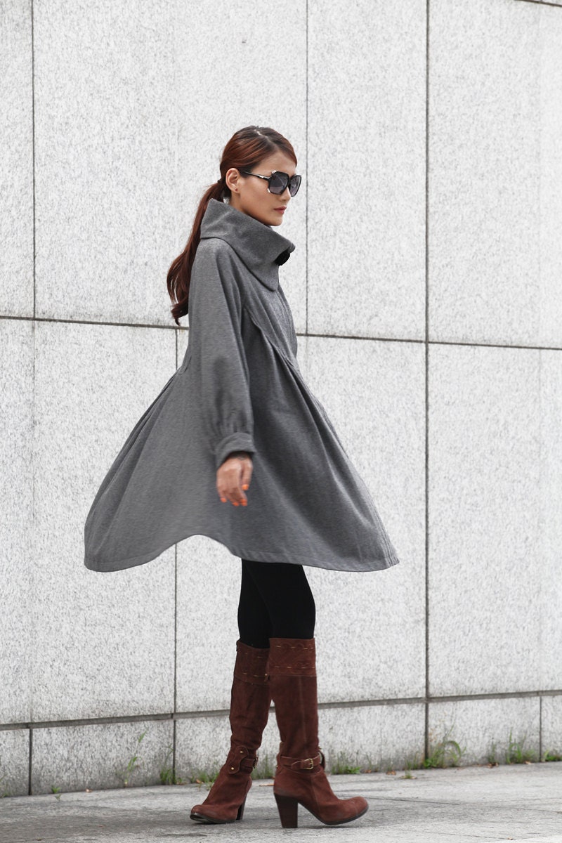 Dark Grey Coat Cashmere Coat Big Sweep Long Sleeve Wool Winter Coat Jacket for Women - NC388