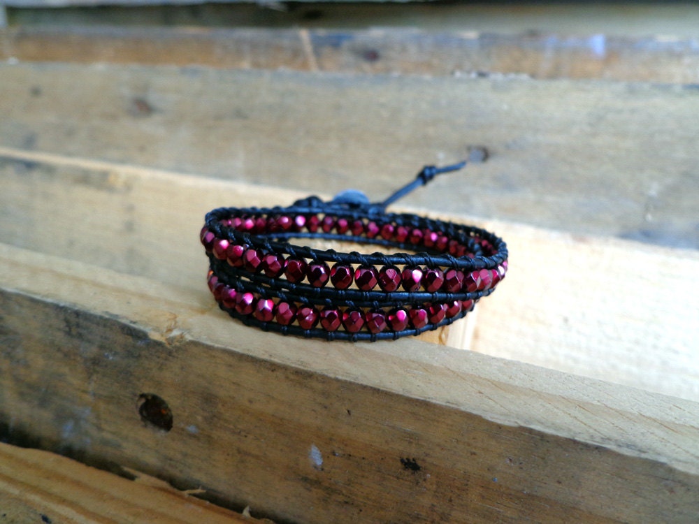 Chan Luu Wrap Bracelet / 2X Wrap / Metallic Red Czech Glass - Black Leather - Button Closure