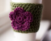 Crochet Coffee Cozy - Green with Ruby Flower