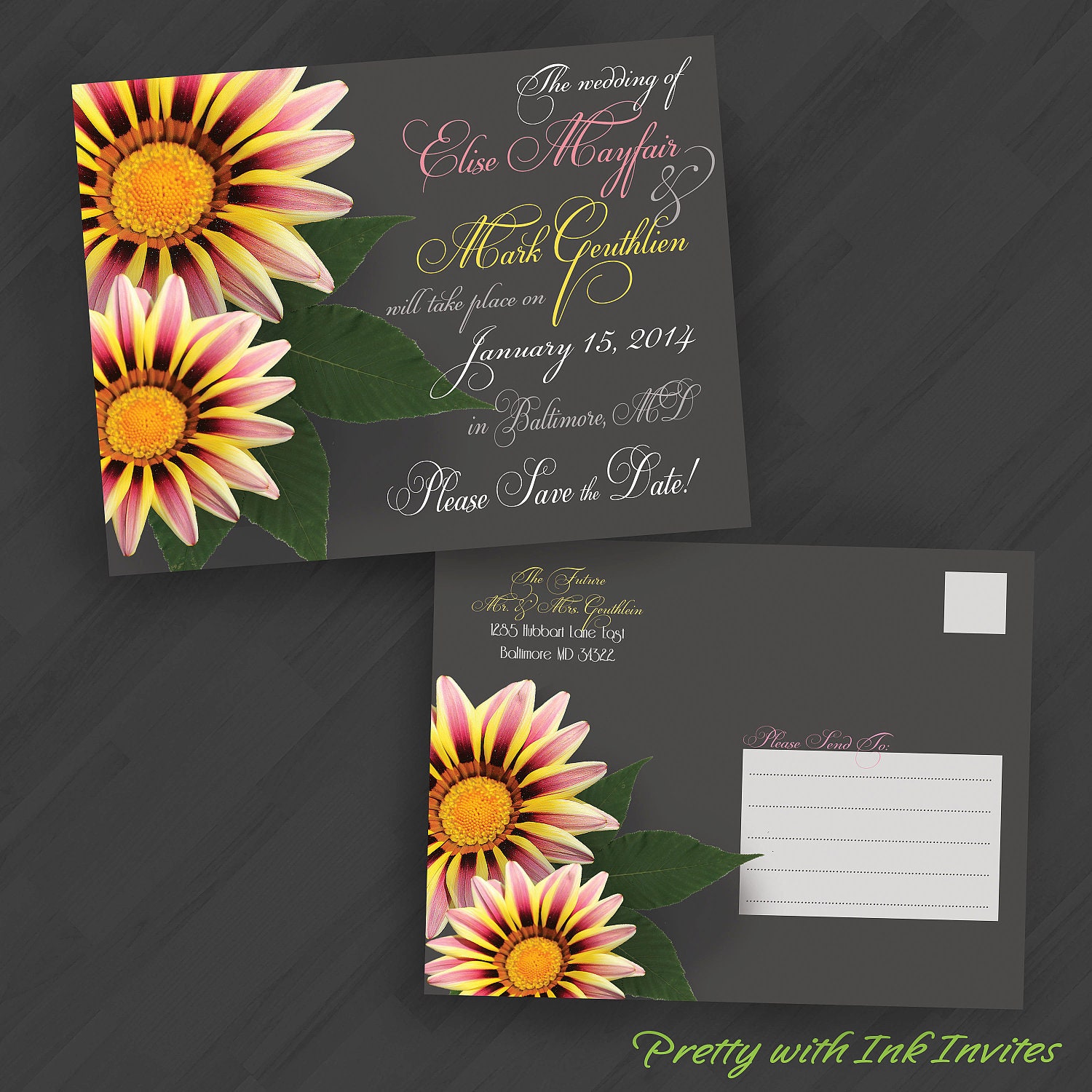 Tiger Daisy Invitations for SaveDates/Shower/Birthday/Wedding/Your Special Event (Shown in Grey/Pink/Yellow)