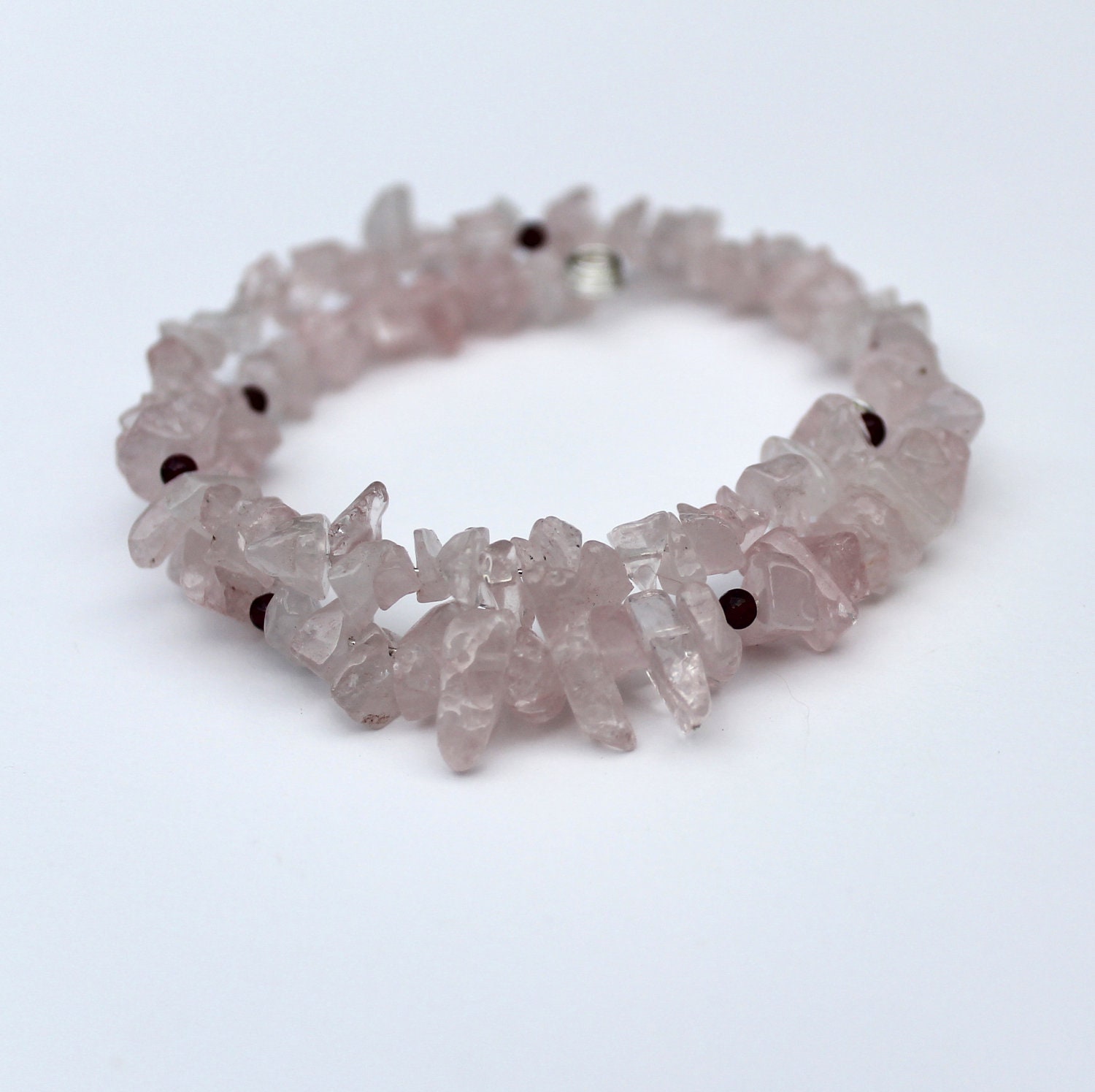 Rose quartz bracelet with garnets, memory wire bracelet, wrap bracelet. Healing bracelet, love bracelet.