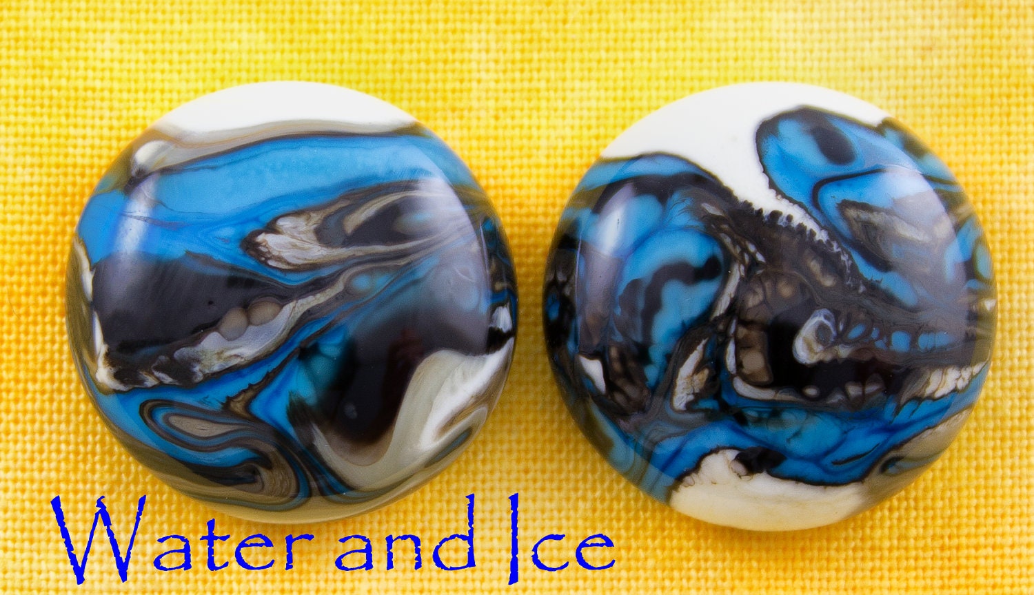SALE Handcrafted Glass Cabochon Pair - Water and Ice