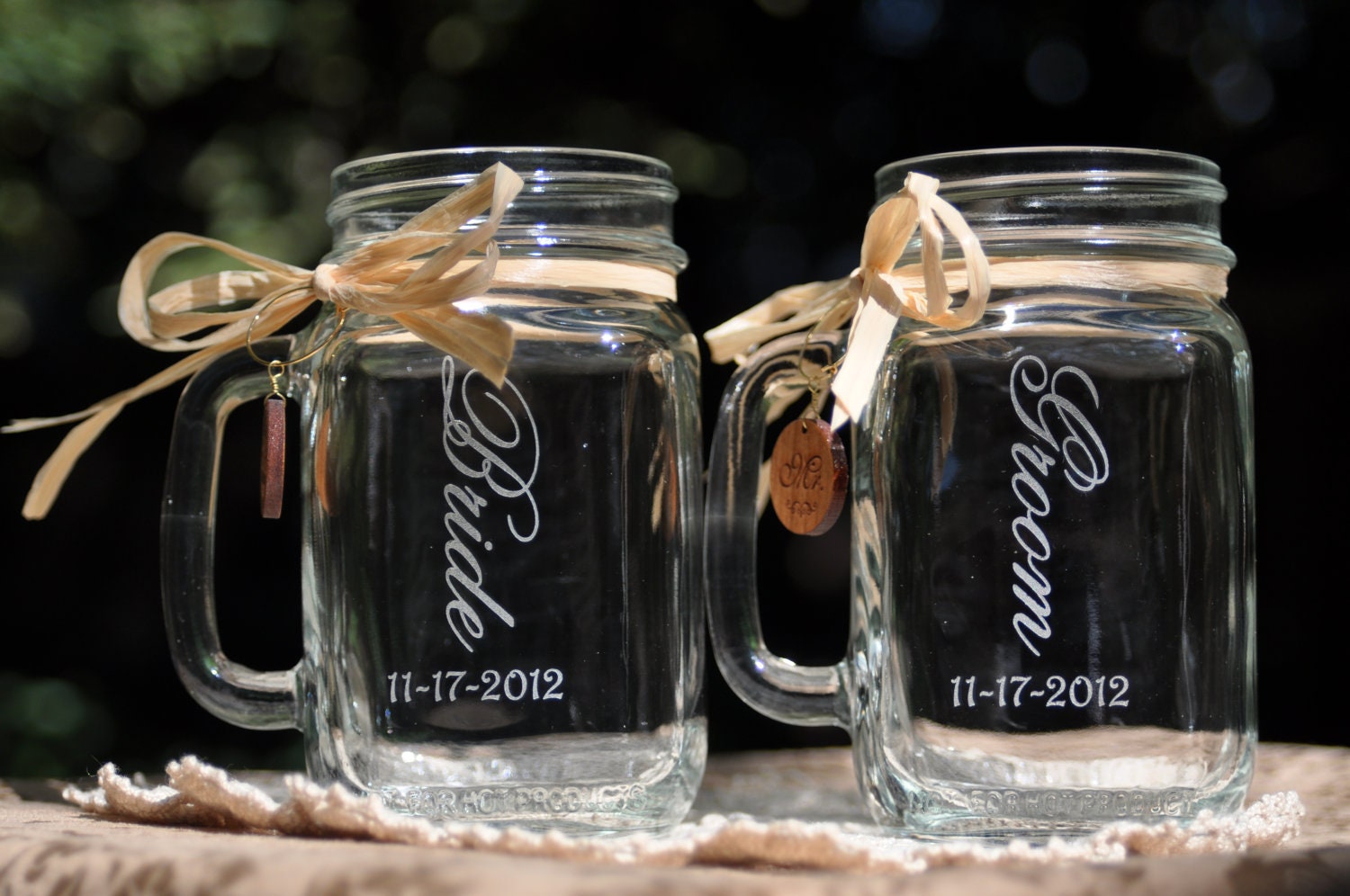 Bride and Groom Mason Jar Glasses dated - Choice of 10 Fonts - Left Handle or Right Handle Choices