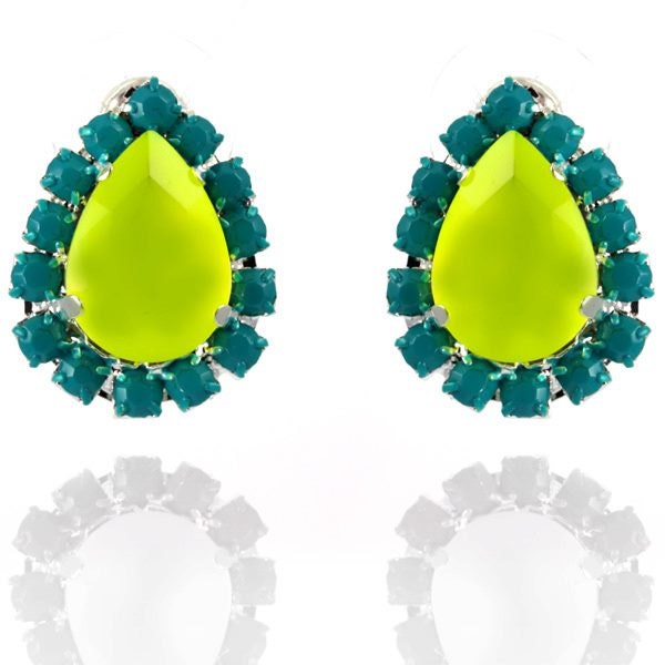 Neon Yellow with Turquoise Pave Crystal Teardrop Earrings