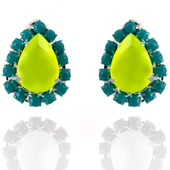 Neon Yellow with Turquoise Pave Crystal Teardrop Earrings