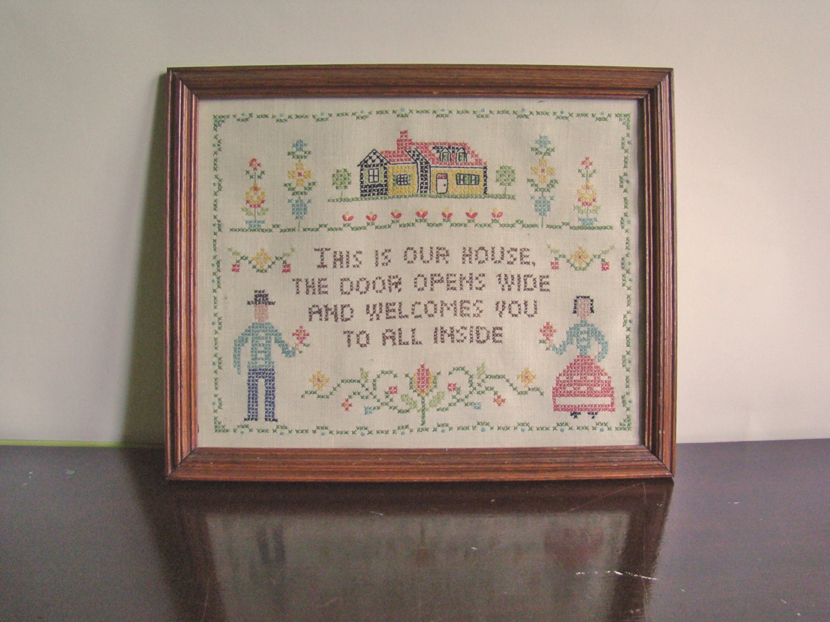 vintage framed folky Welcome stitching