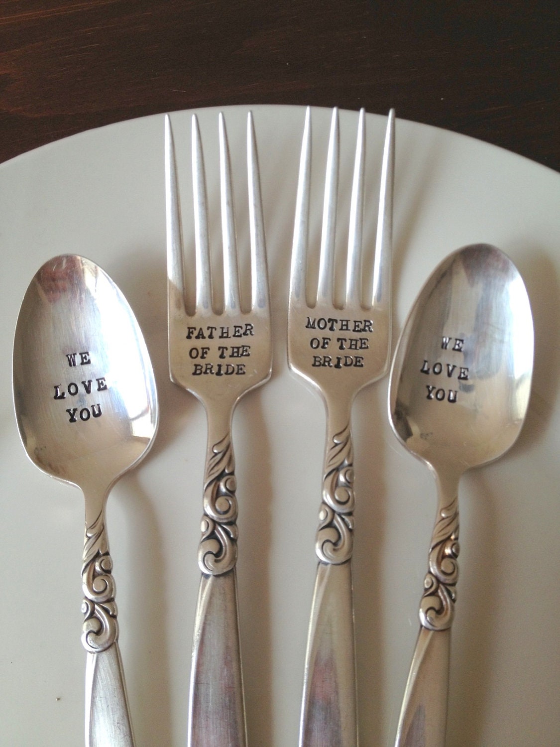 Father & Mother of the Bride Fork and Spoon Set  - Hand Stamped - Vintage Wedding -Gift for Parents of the Bride and Groom