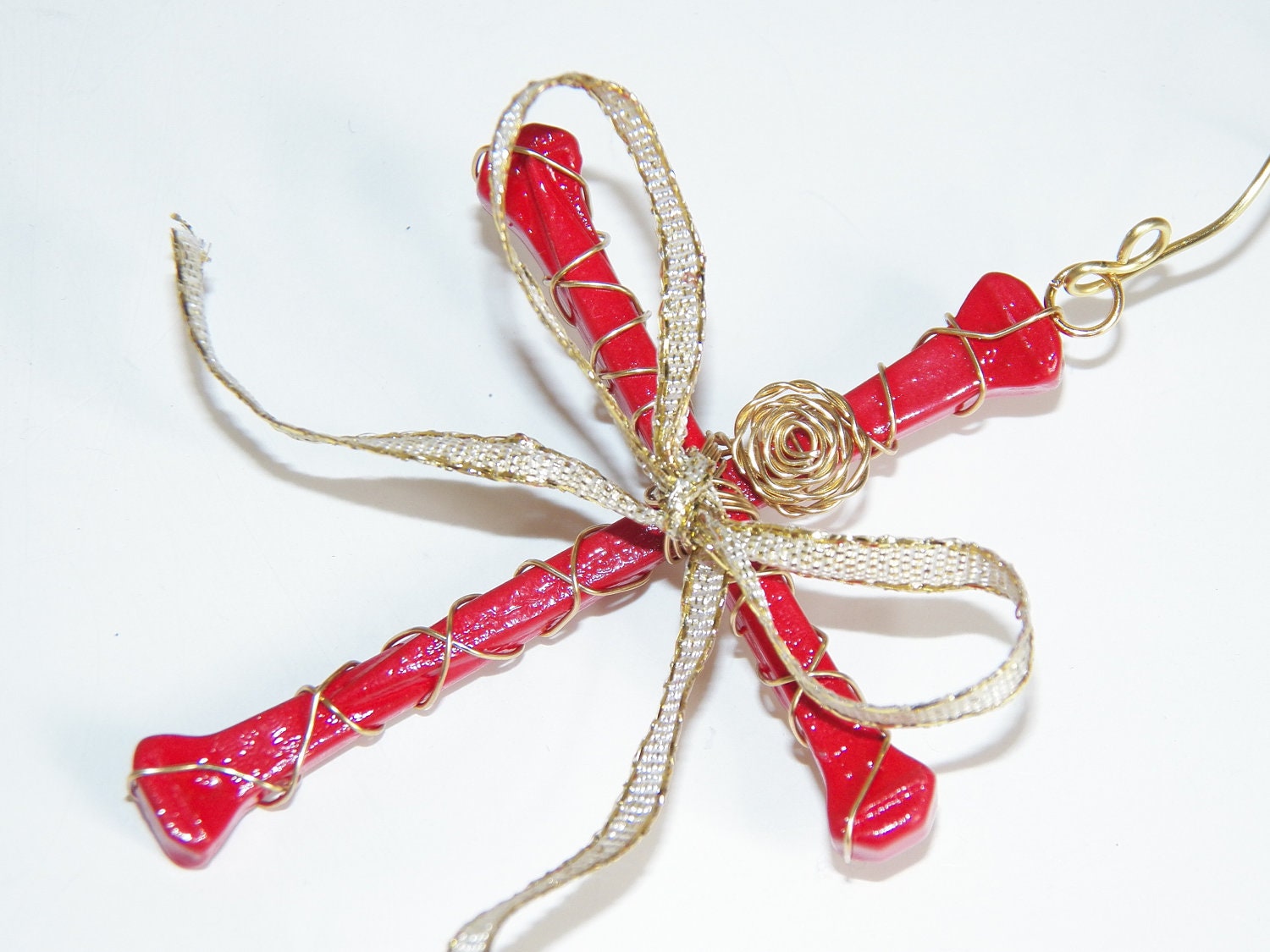 Cross Christmas Ornament Wall Hanging Home Decor Red Horseshoe Nail Cross Gold Ribbon Handmade Montana USA Free Shipping