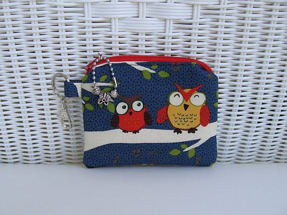 Owl Change Purse / Padded Coin Purse / Blue & Red Change Purse