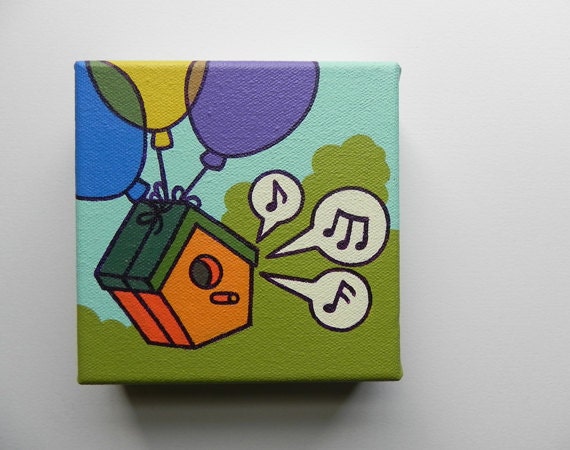 Colorful Birdhouse and Balloons Mini Original Acrylic Painting on Canvas (5 x 5 in)