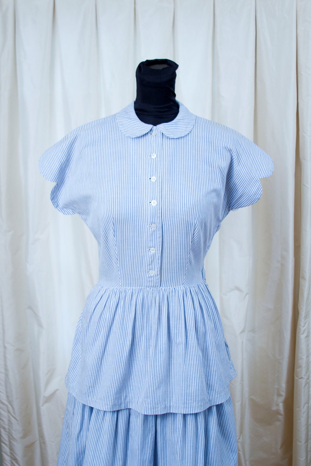 1940's 1950's Dress // Seaside Blue and White Stripped Ruffle Dress