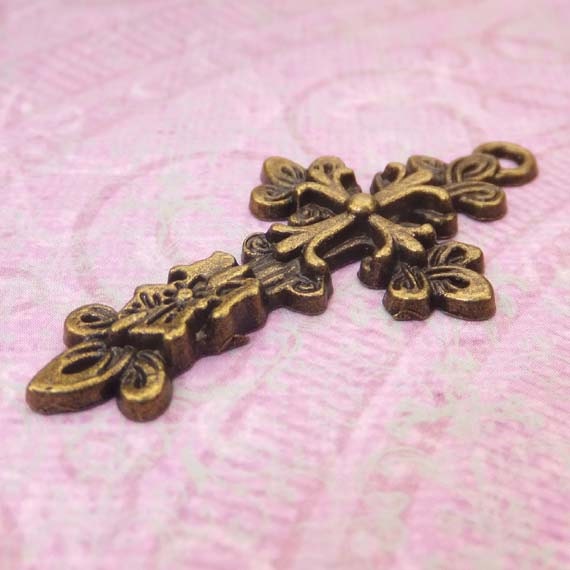 SALE - (1 Piece) Antique Brass Crusade Style Cross Charm Pendant Rosary 46mm - Jewelry Findings- BeadCoNet