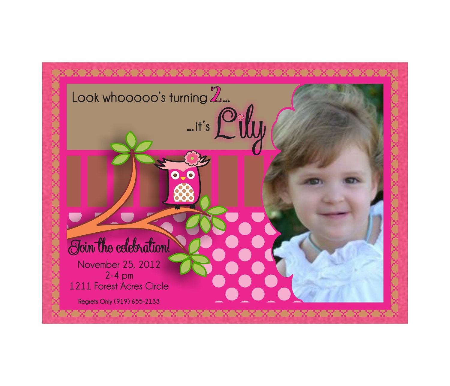 Look Whooos Turning / Pink Brown / Owl Themed / Birthday Invitation / 5x7