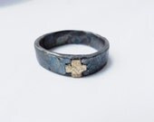 Man's Wedding Band, Silver, Rustic, Heavy Patina with 24k Gold Cross, Mens Christian Wedding Band. Boys True Love Waits Band, Thumb Ringo
