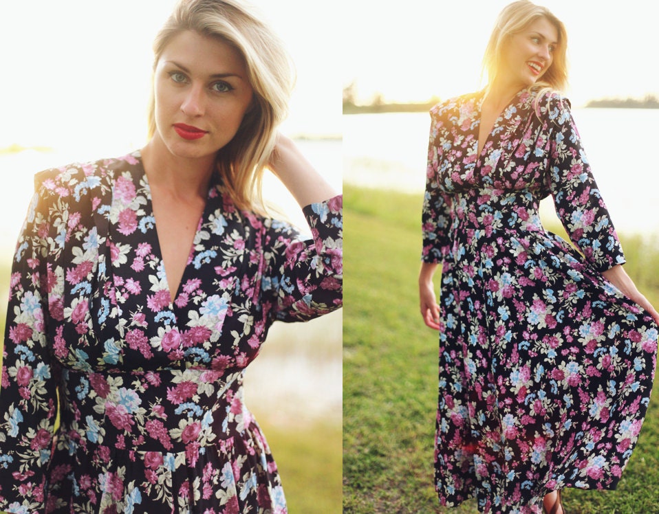 Vintage 1970s Black Purple Flower Elegant Rayon Long Dress