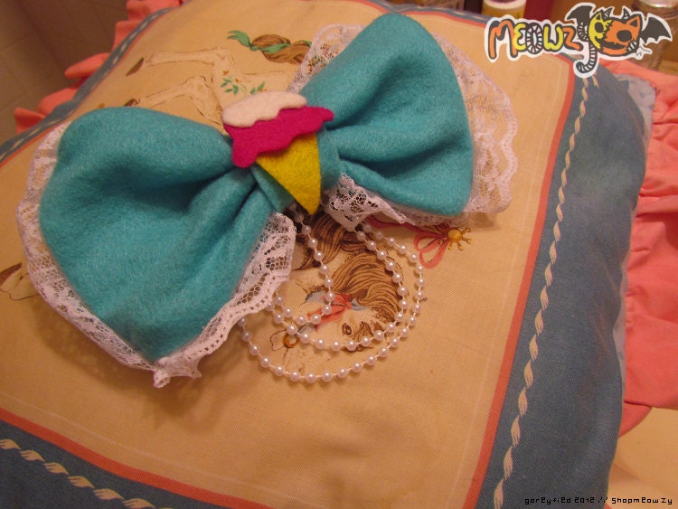 Ice Cream Blue Felt Alice style Bow with Beads and White Lace on clip