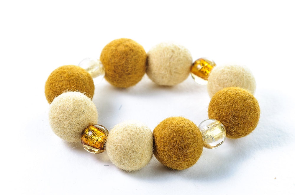 Golden Autumn Felted Bracelet Chunky Beadwork Bracelet Honey Yellow Felt Bead Autumn Jewelry
