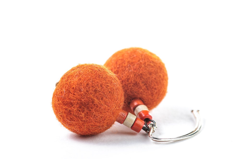 Orange Beaded Felt Earrings Felted Balls Rusty Foxy Short Funky Earrings For Her For Girl