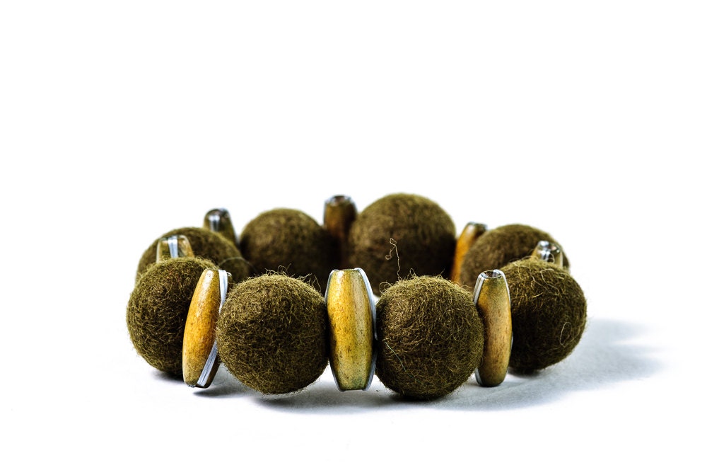 Winter Beadwork Bracelet Chunky Olive Green Felt Bead Bracelet Eco Friendly